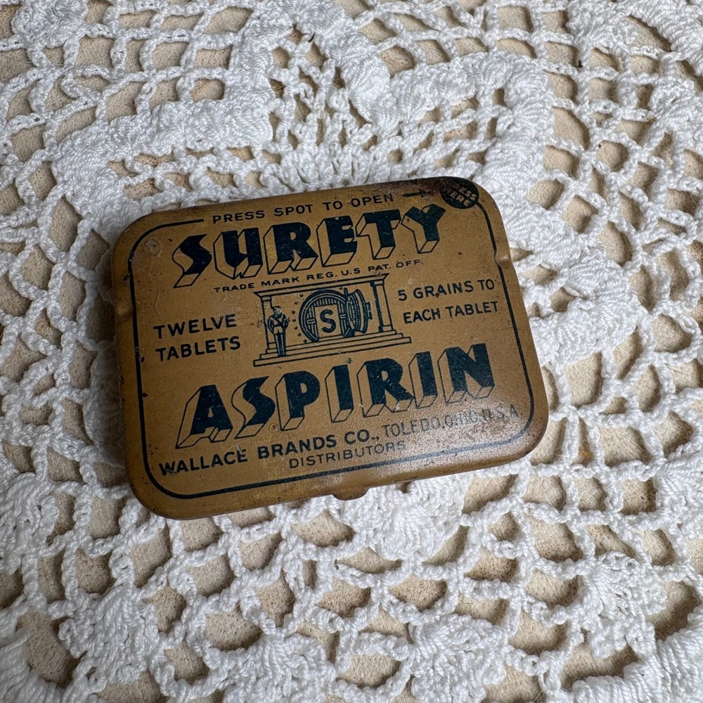 Vintage Surety Aspirin Pill Tin Apothecary Collectible Metal
